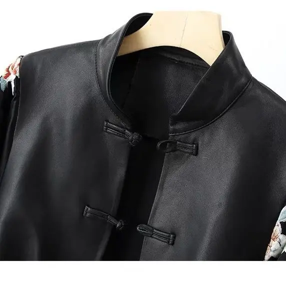 High-end Vintage Embroidery Patchwork Leather Jacket Women's Spring Autumn PU Leather Coat Long Sleeves Button Design Outerwear
