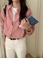 Red Plaid Turn-down Collar Loose Long Sleeve Shirt
