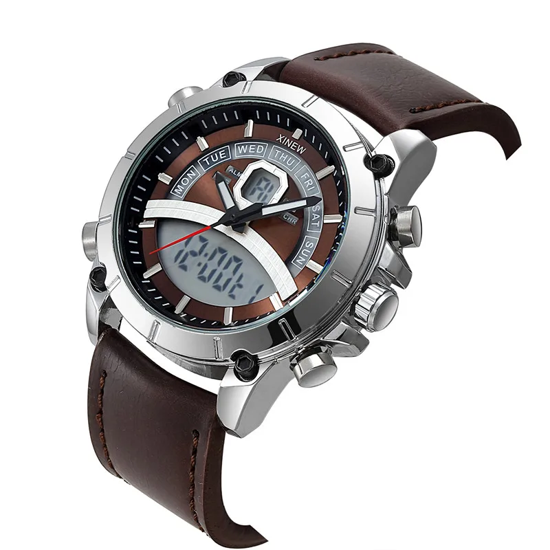 Men Big Brand XINEW Watches Students Fashion Leather Band Sports Multi-function Dual Time Chronograph Watch Relogio Masculino