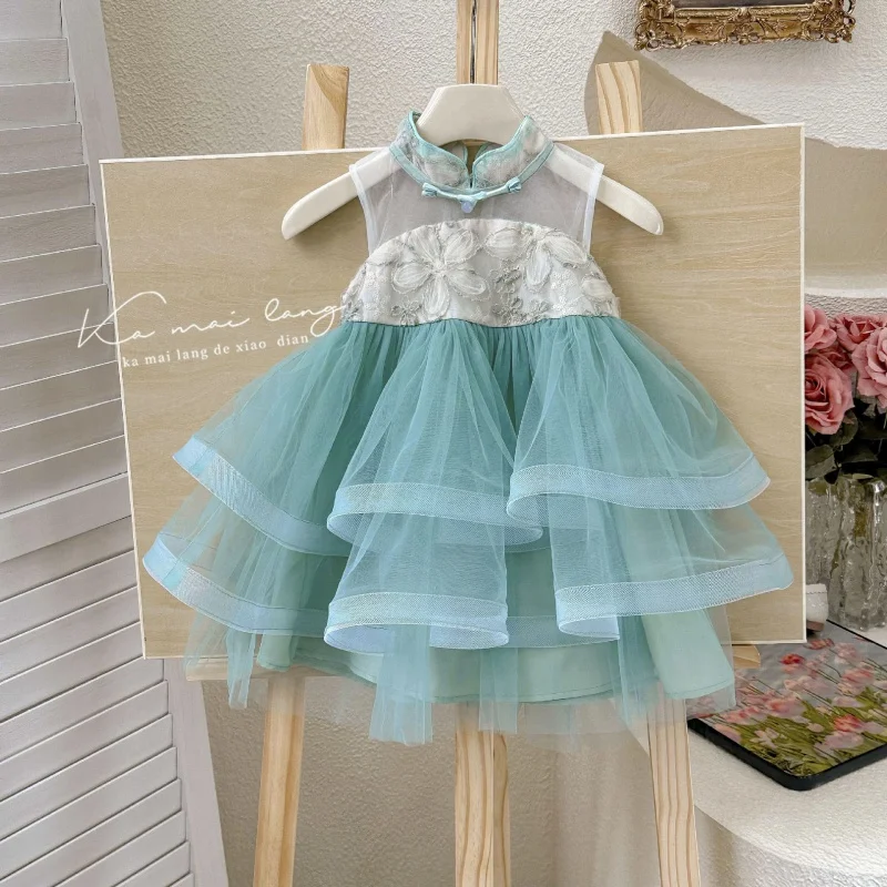 

ZLXZ-Girls' Dress2024Summer New Chinese Style Children's Little Girl Buckle Vest Princess Skirt