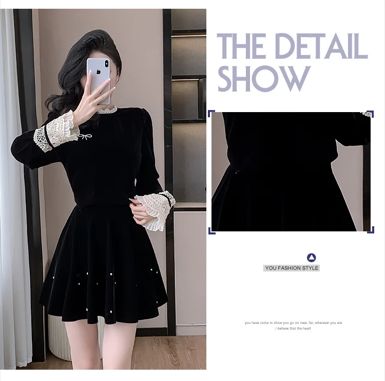 Autumn Elegant Velvet Two-piece Skirt Set Women Long Sleeve Lace Patchwork Crop Top Mini Skirt Korean Fashion Y2K Chic Outfits