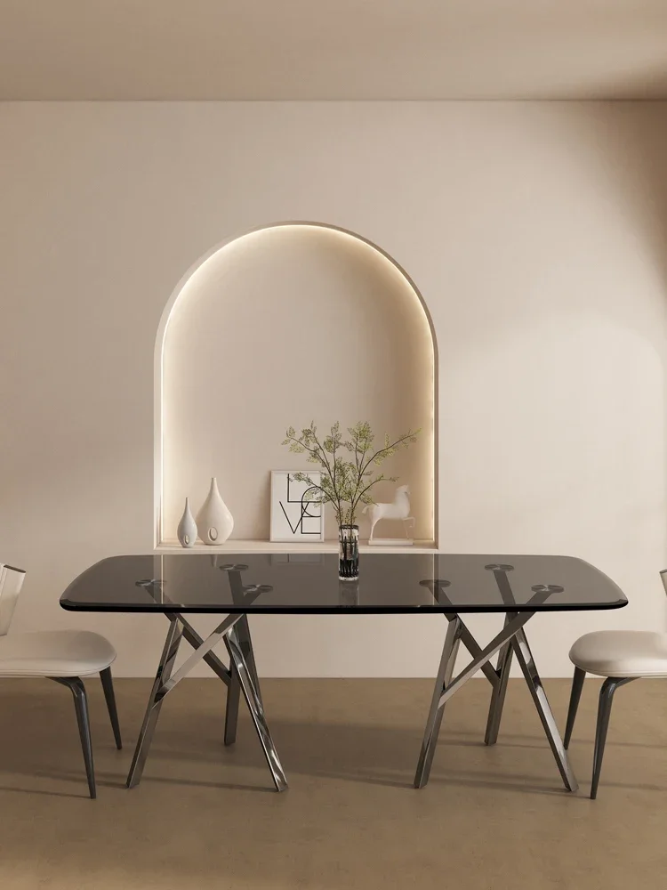 Light and luxury tempered glass dining table rectangular dining table Italian designer glass and chair combination