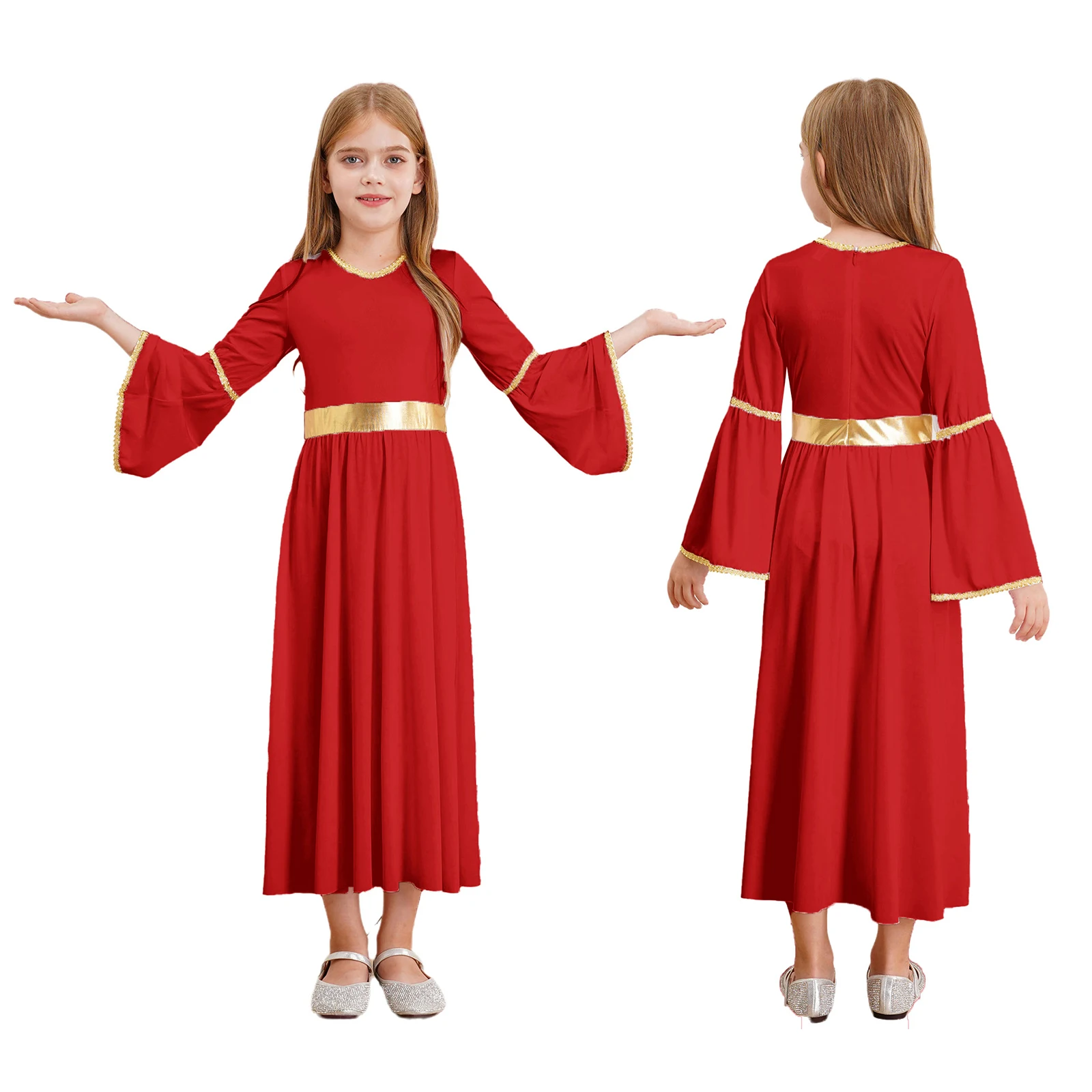 Girls Angel Cosplay Costume Angel Dress Long Sleeve Gold Trim Patchwork Gown Dress for Halloween Cosplay Party Stage Performance