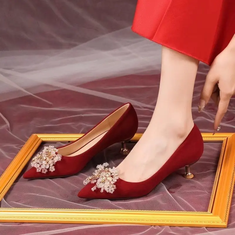 Spring Casual Wedding Bride Rhinestone Gold Fashion High Heels Metal Buckle Sexy Work Shoes Size 35-40 Female Shoe High Heel