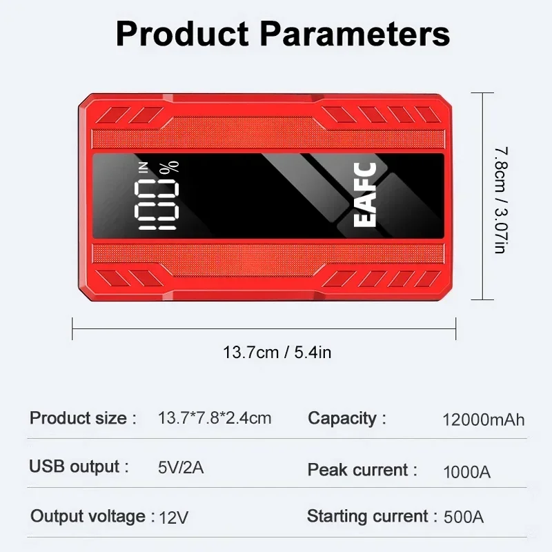 Car Jump Starter Jump Starter EAFC 1000A Portable PowerBank 12V Auto Emergency Start Battery Starting Device Booster LED Light