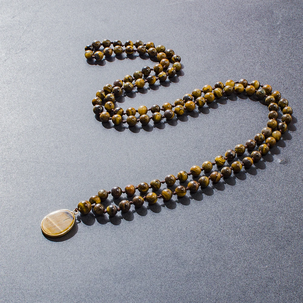 8mm Yellow Tiger Eye Bead Knot 108 Mala Necklace Meditation Yoga Prayer Jewelry Tiger Eye Pendant for Men and Women