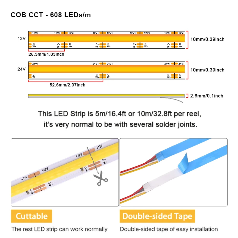 CCT COB LED 스트립 조명 2700K6500K 색상변환 608 LED/m 플렉시블 FOB LED 테이프 RA90 디밍 가능 선형 LED 조명 12V 24V
