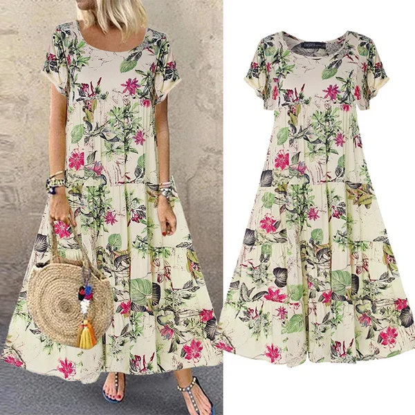 Vintage Floral Long Dress Women Summer Elegant Linen Short Sleeve Boho Maxi Dress Female Holiday Sundress Party Dresses Vestidos off shoulder dress