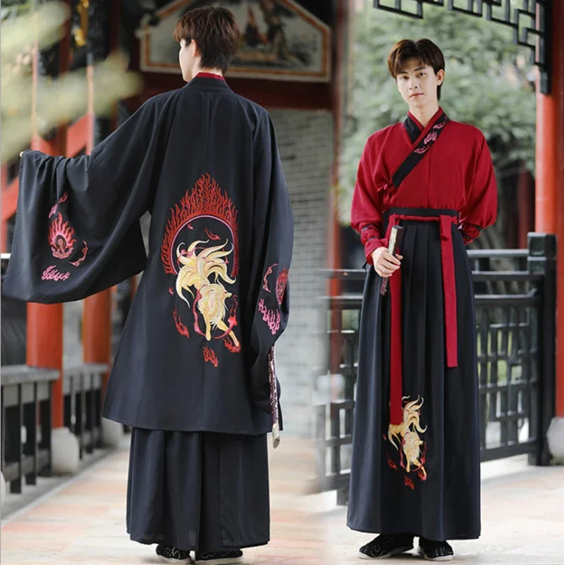 

Мужской костюм Hanfu большого размера 5XL в стиле древнего китайского Хэллоуина, женское платье, черный и красный наряд для мужчин, Размер 4XL