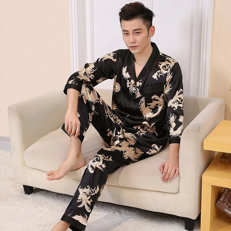 Men Loose Sleepwear Faux Silk 2PCS Pajamas Suit Spring Autumn Casual Nightwear Full Sleeve Pant Home Wear