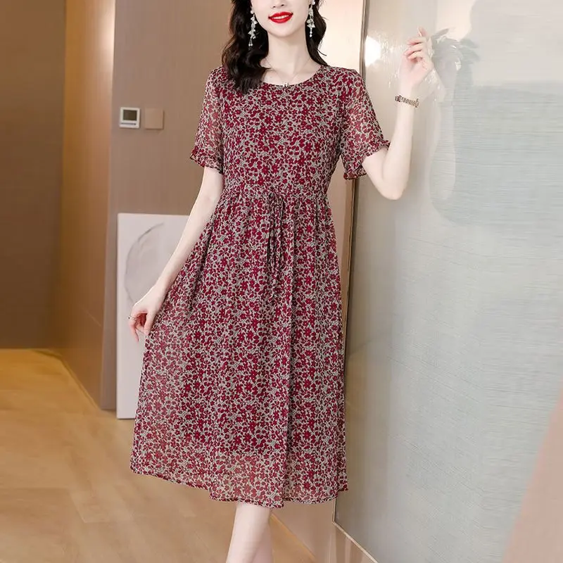 여성 크루넥 타이업, 프린트 스플라이스, 캐주얼 루즈핏, 얇은 반팔, 하이엔드 우아한 쉬폰 원피스, 여름 신상