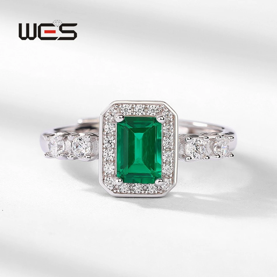 WES 925 Sterling Silver Green Emerald Rings for Women Gemstone Engagement Wedding Promise Jewelry Party Gifts Certified Band