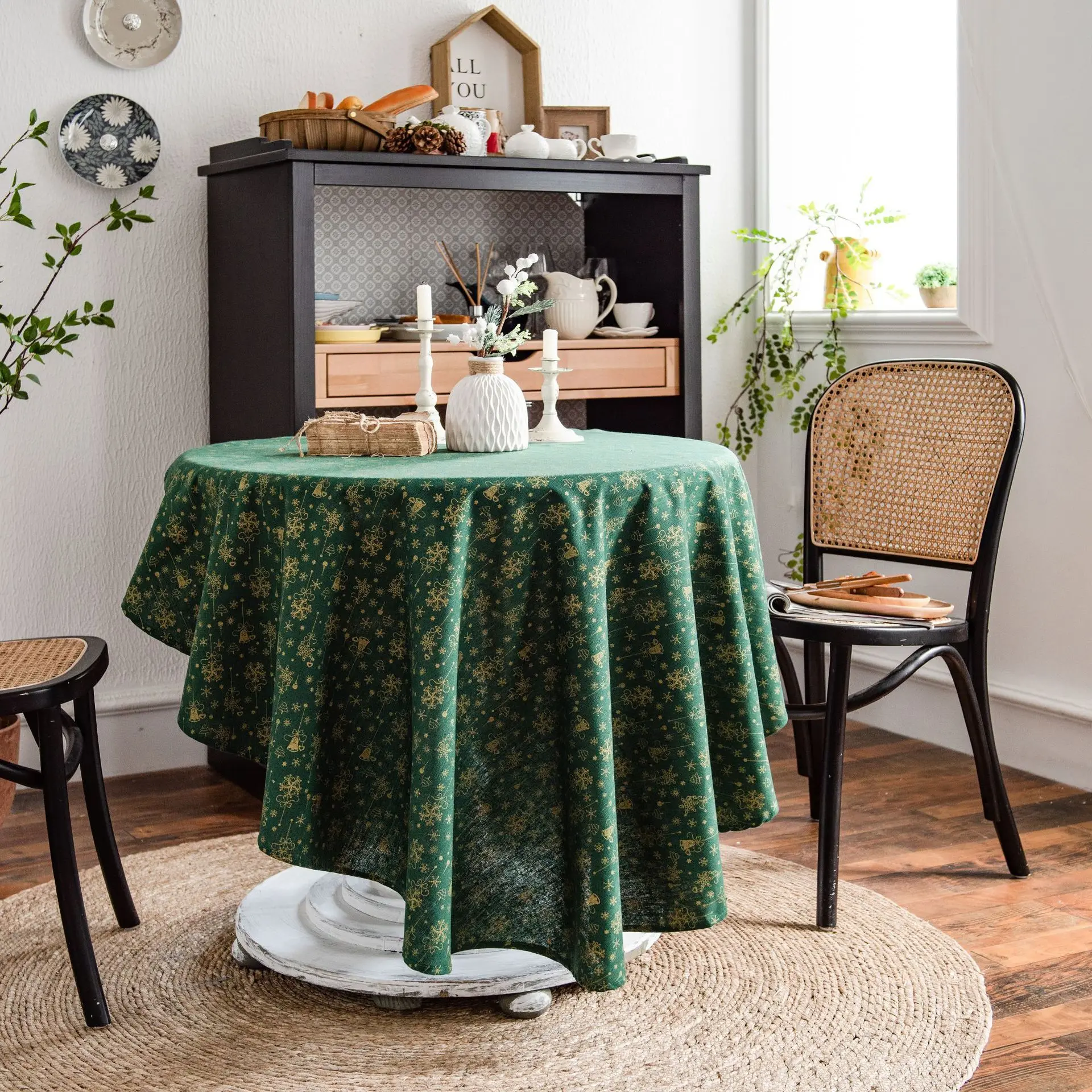 

Cotton Linen Round Coffee Table Cover Dining Tablecloths Green Printed Table Cloth for Living Room Wedding Table Decoration Gift