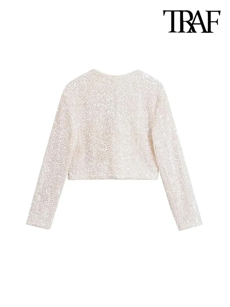 TRAF-Women's Long Sleeve Sequined Cropped Jacket, O Neck Coat, Female Outerwear, Chic Tops, Bow Tied 3