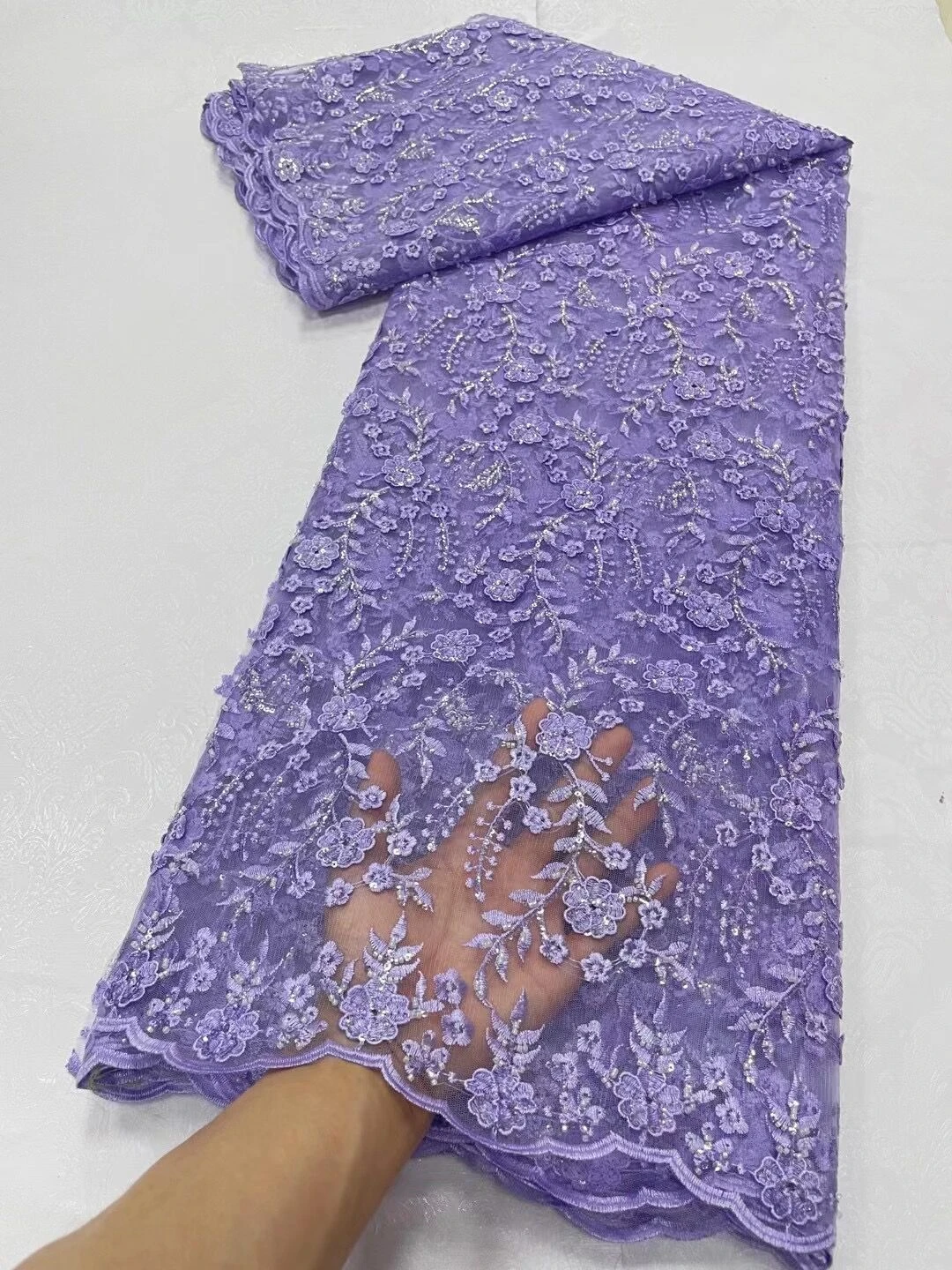 

2023High Quality African Nigerian Lace Fabric Embroidery Tulle Pure Wedding Party Dress Guipure SequinsFor Sewing Beads 5yards