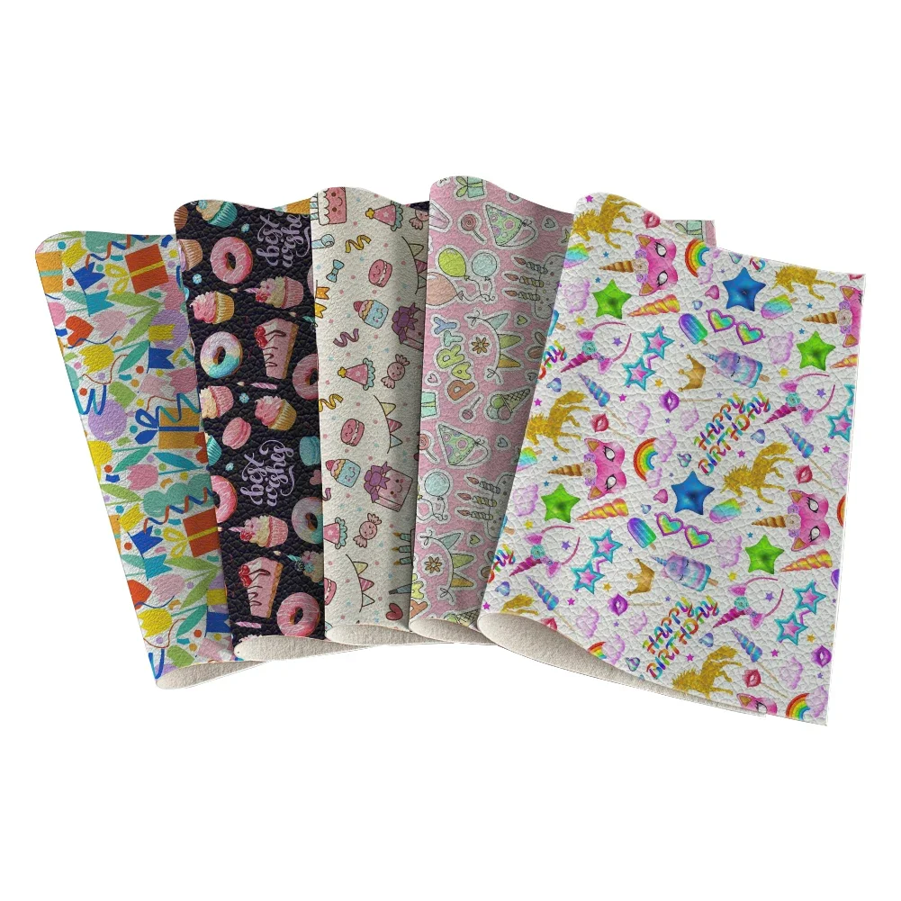 Happy Birthday Lovely Cartoon Animals Pattern Artificial Lychee Leather for DIY Jewelry Earring Craft Making 22*30cm