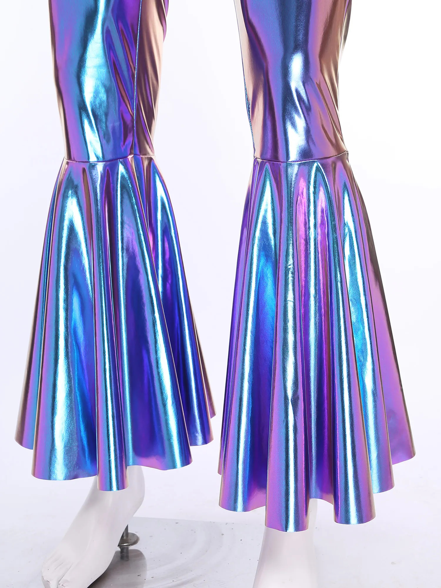 Men Halloween 70-80s Disco Hippie Cosplay Performance Costume Flare Sleeve Printed Metallic Shiny Bell-Bottom Jumpsuit Clubwear - 5