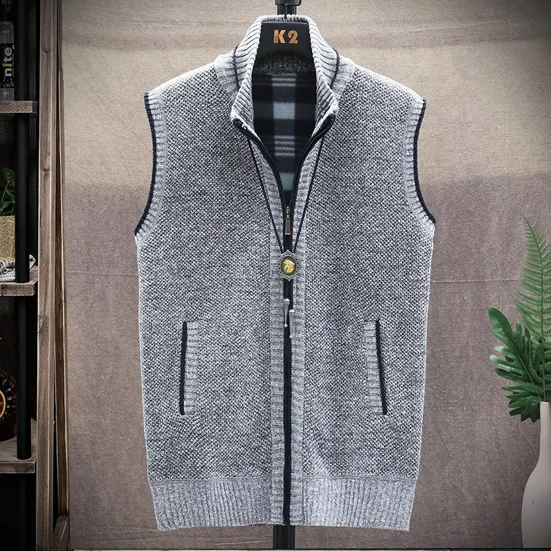 New Men's Autumn and Winter Fashion Zipper Cardigan Vest Plus Fleece Thickened Large Size Slim Men's Sweater