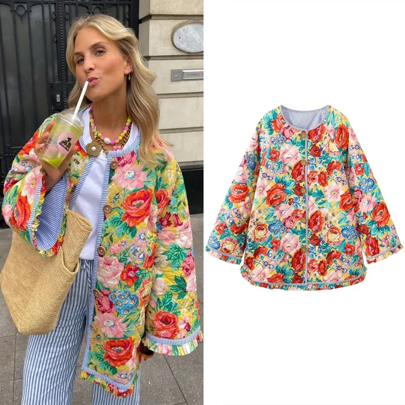 

TRAF Woman Floral Print Cotton Jacket Fashion O-neck Single Breasted Thickened Coat Women Chic Striped Lining Ruffled Trim Coats