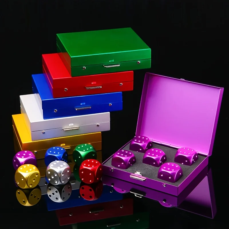 5pcs Game Dice with Storage Box Aluminum Alloy Dice Portable Colored Metal For Camping KTV Bar Party Props Dices