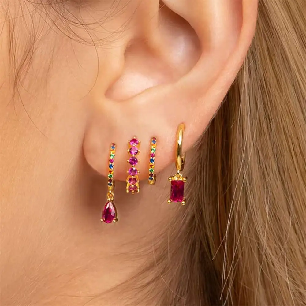 4pcs Korean Stainless Steel Zircon Water Drop Piercing Earrings Set For Women Simple Huggie Square Hoop Earring Fashion Jewelry
