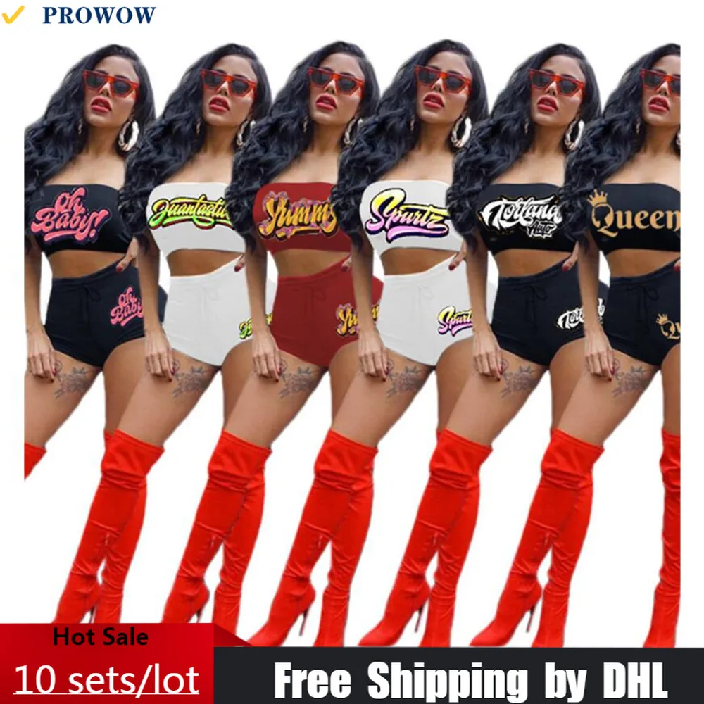 

Wholesale Women Matching Set Casual Letter Print Tracksuit Sexy Club Outfit Lady Strapless + Shorts Streetwear 2 Piece Suit 7991