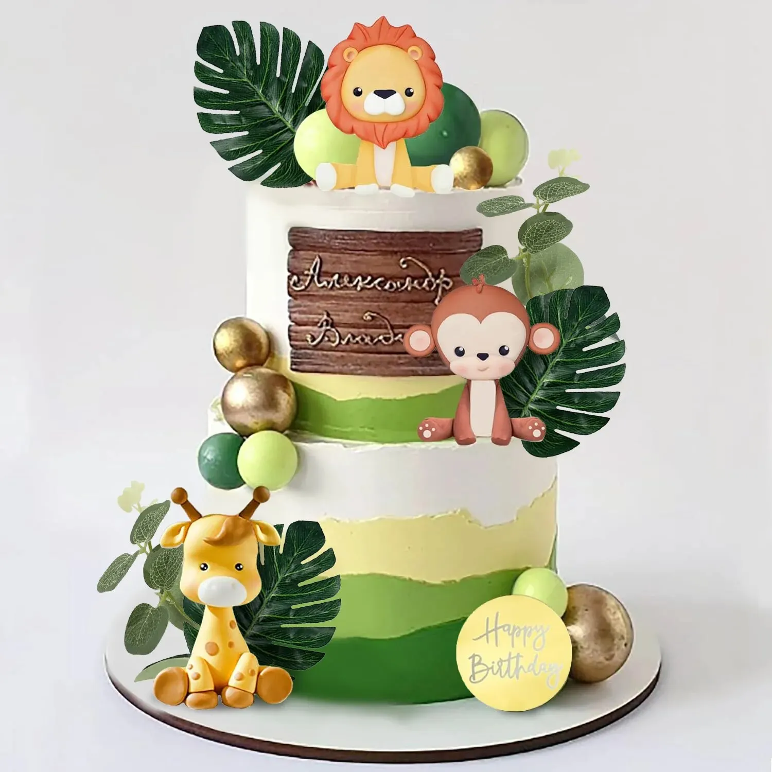 Cake Toppers Decorations Jungle Safari Animal Cake Topper with Colourful Balls Plam Leaves for Girls Boys Wild Theme Birthday Party Baby