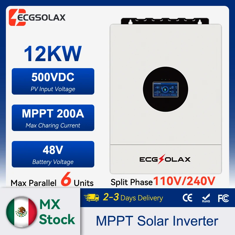 Inversor Solar Híbrido ECGSOLAX de 12KW, 48V 110V/240V, Bifásico, Onda Sinusoidal Pura, con Controlador de Carga MPPT de 200A, PV 500V
