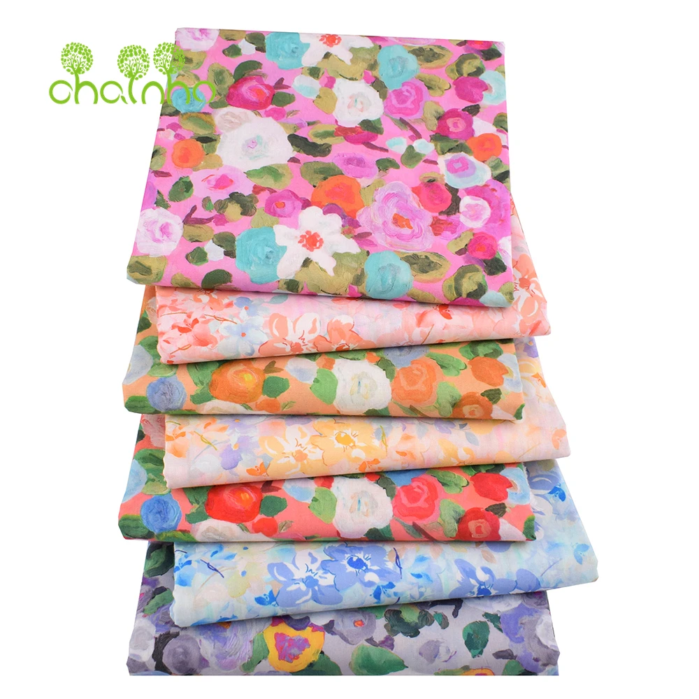 Chainho,Printed Plain Weave Poplin Cotton Fabric,DIY Quilting Sewing Material,Patchwork Cloth,Floral Series,2 Sizes,15PC216