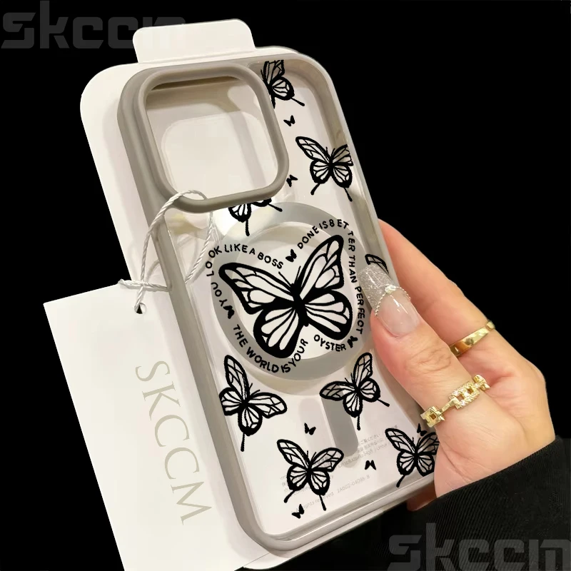 Butterfly Magnetic Transparent Phone Case with Matte Wireless Charging Cover