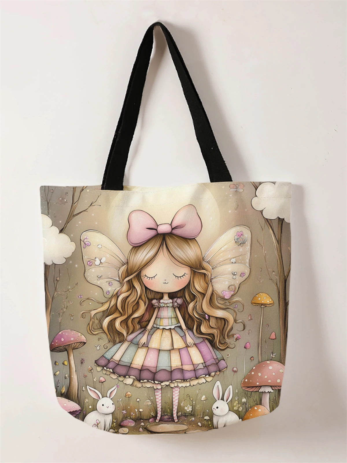 1 piece, cute girl pattern handbag, reusable fashionable handbag, multifunctional handbag, printed canvas shopping bag