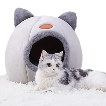 Lit d&rsquo;hiver chaud et résistant au froid pour chat, grotte confortable, tente pour chat avec coussin amovible, oreiller en forme de tête de chat, fournitures mignonnes pour animaux de compagnie