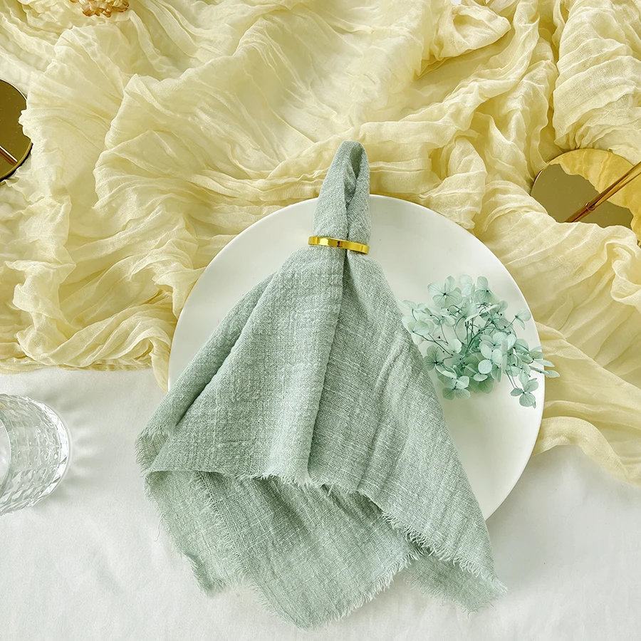 Set of 10 Rustic Retro Green-Trimmed Cotton Gauze Napkins – Elegant Table Decor