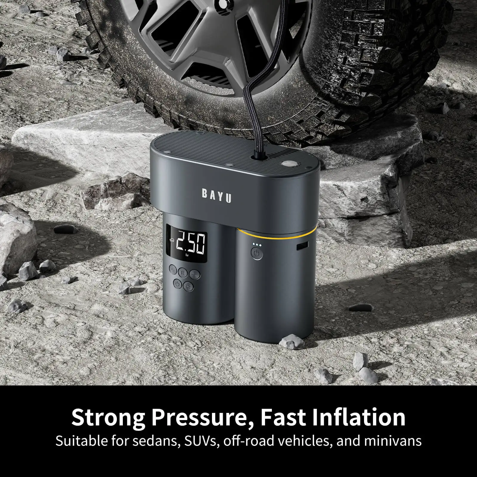 BAYU Ÿ�̾� ��â�� �޴�� ���� �����, ������ ���÷��̰� �ִ� �ڵ��� Ÿ�̾�� 150PSI ���� ����, �ڵ��� �����ſ� 15000mAh �������͸�