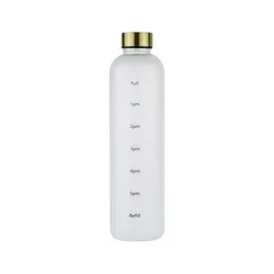 1L Leakproof Frosted Water Bottle with Time Marker for Outdoor Fitness and Travel (White)