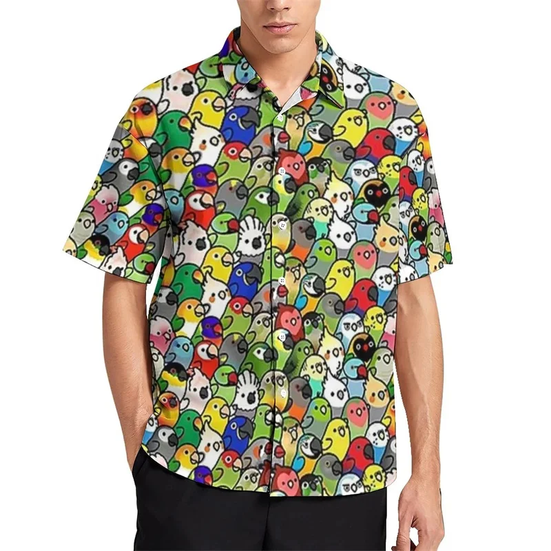 thumbnail image 1 of Camisas hawaianas con estampado 3D de pájaros, flamencos y loros para hombre, camisa de playa para vacaciones, blusa de solapa de manga corta a la moda, ropa de calle, 1 of 5