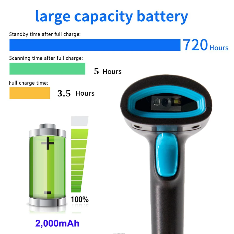 2D Bluetooth Wireless/Wired Barcode Scanner Portable Handheld 1D/2D QR Code Reader Quick Identify Scan CMOS for Retail Warehouse