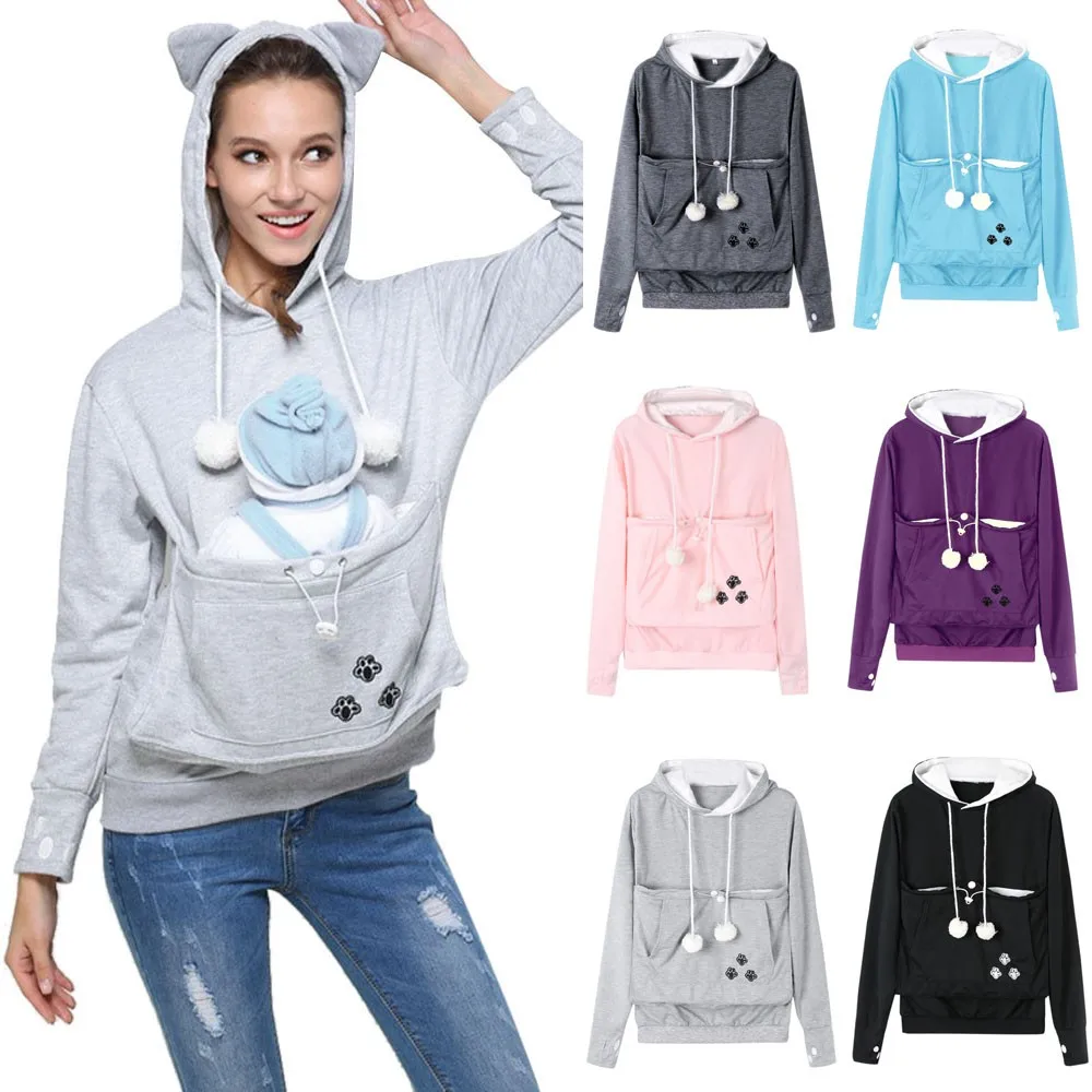 

Casual Women Sweatshirt Kangaroo Pet Dog Cat Holder Carrier Coat Pouch Large Pocket Women Hoodies Blouse Solid Shirt