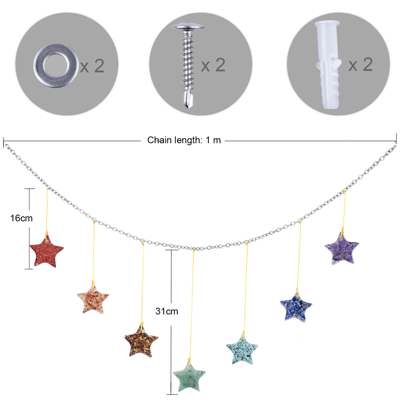 Healing Crystal Stone Chips Star Shape Resin Hanging Ornament With Chain For Home Wall Art Bedroom Decor