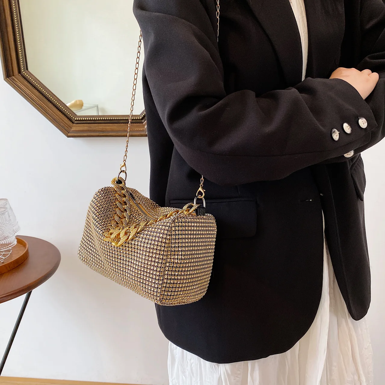 Modische Damen-Einkaufstasche, schicke Bankett-Tasche, stilvolle Umhängetasche mit hellem Diamant, modische Handtasche mit glänzenden Diamanten, Umhängetasche – Detail 34