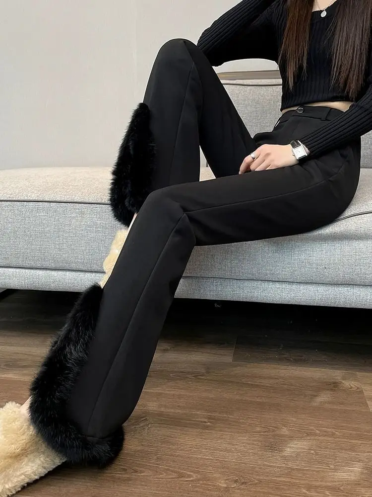 Rabbit hair flared pants for women's 2024 new autumn and winter plush black high waisted split micro flared suit pants