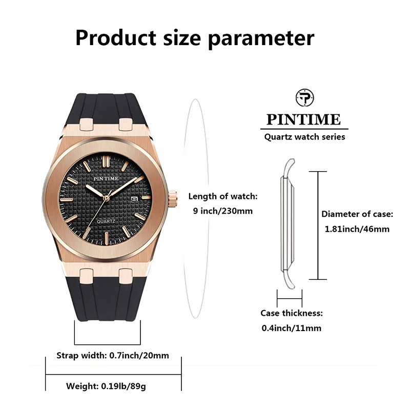 PINTIME Casual Men's Watches Silicone Strap Metal Case Waterproof 3ATM Checked Dial Calendar Fashion Quartz Wristwatch Luminous