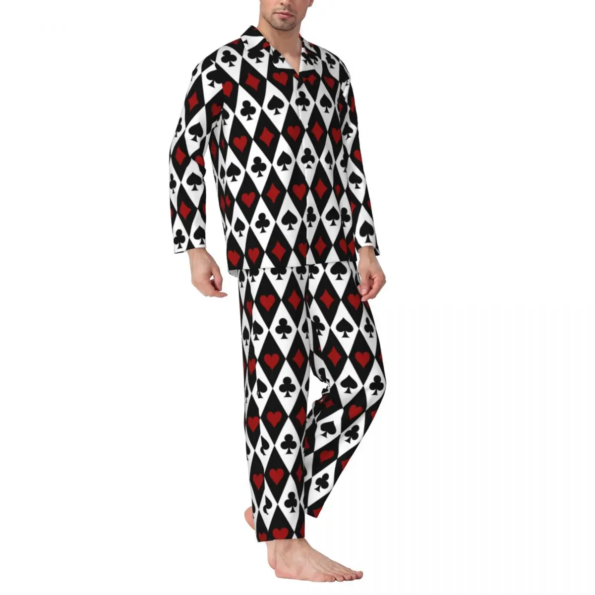 

Poker Card Suits Pajamas Men Playing Cards Print Kawaii Daily Sleepwear Autumn Two Piece Retro Oversize Graphic Home Suit