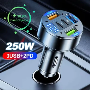 Caricabatterie per Auto 250W con 5 Porte, Ricarica Rapida PD QC3.0 USB C, Adattatore per Telefono con Indicatore di Tensione per iPhone Samsung Huawei Xiaomi