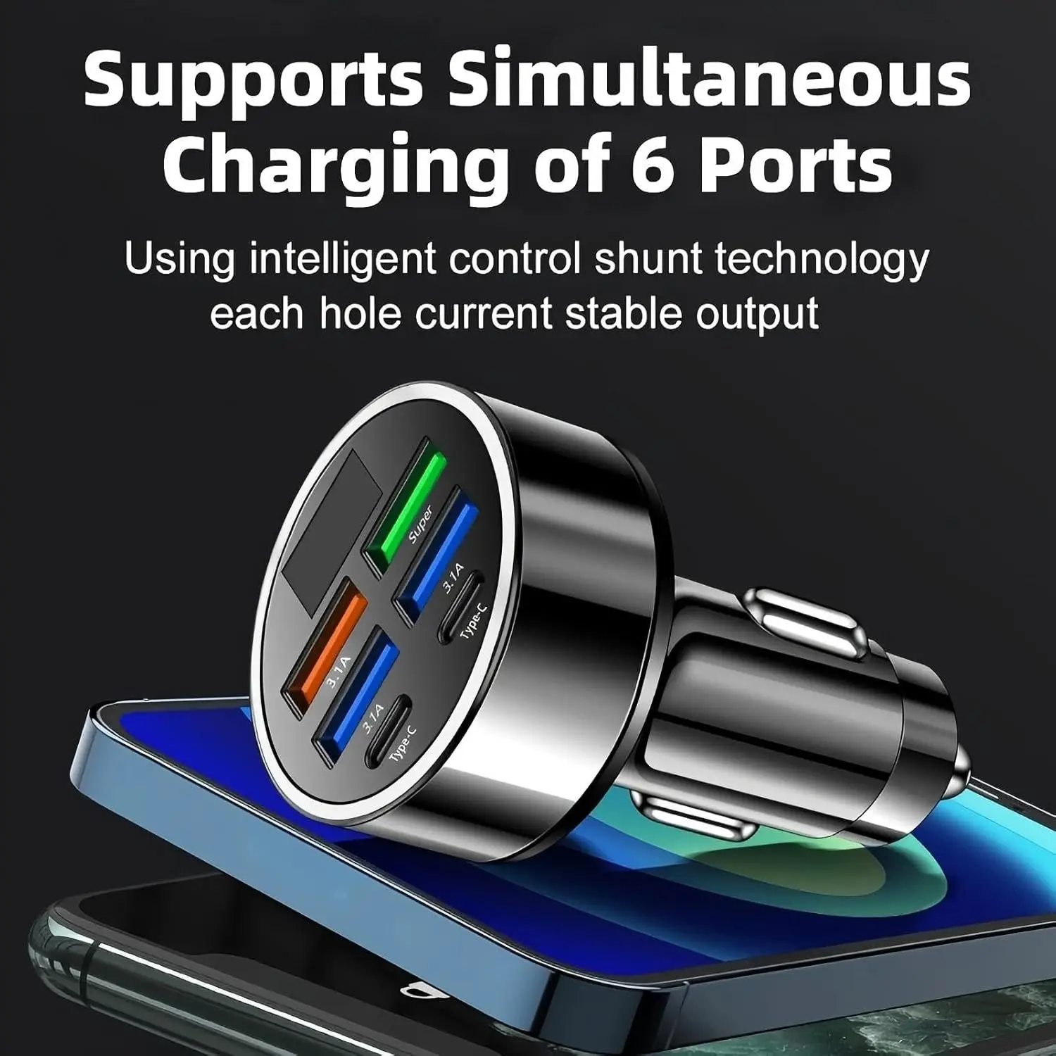 Adattatore caricabatterie per auto super veloce 6 in 1 con display LED della tensione, caricabatterie per telefono alimentato da presa auto per dispositivi intelligenti come tablet - immagine 3