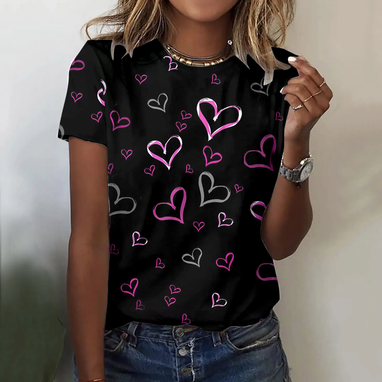 

2022 Summer New Fashion Casual Women's 3D Printed Round Neck Short Sleeve Women's Valentine's Day Casual Top Love T-shirt