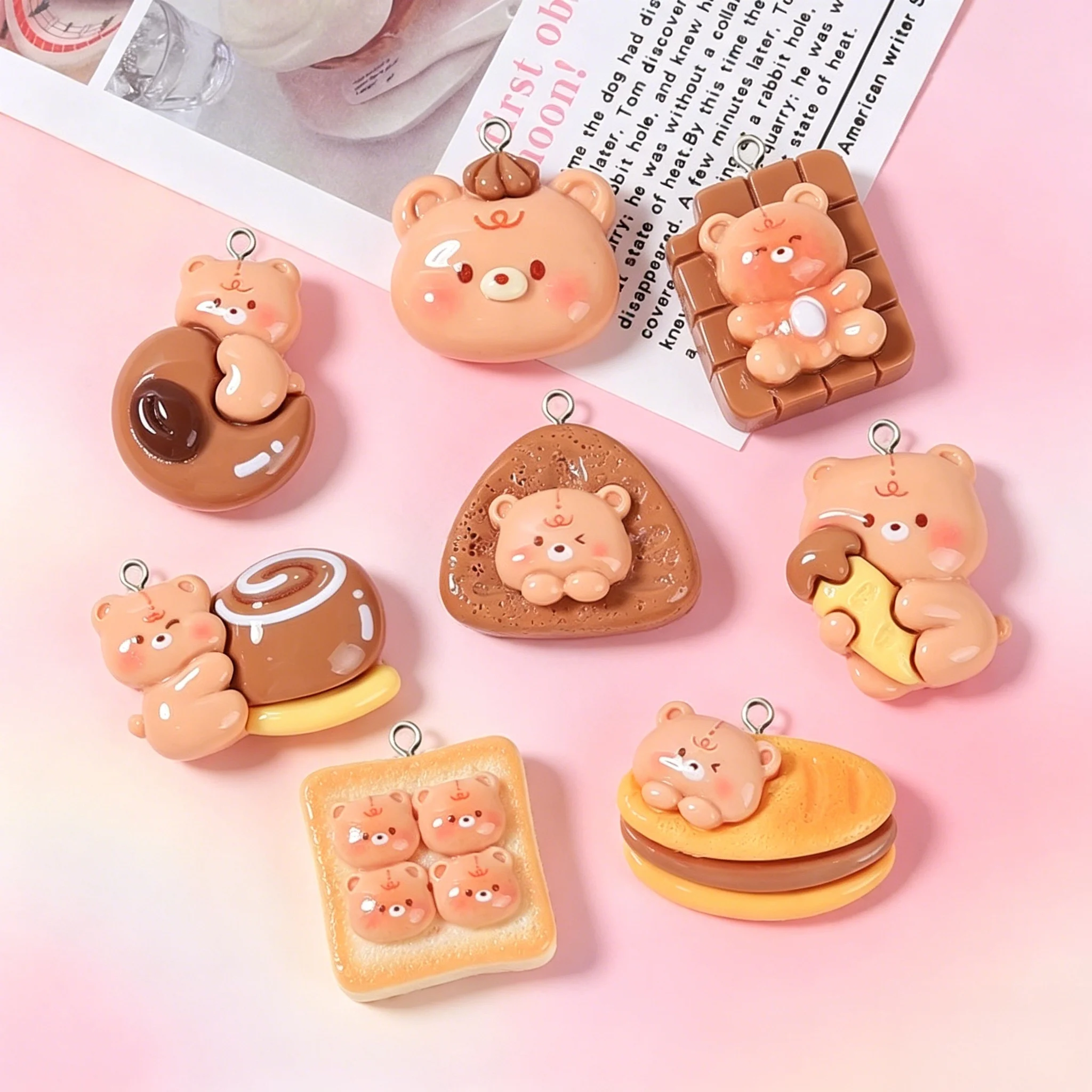 10개 빵곰 레진 참, DIY 쥬얼리 펜던트(귀걸이, 키체인용)
