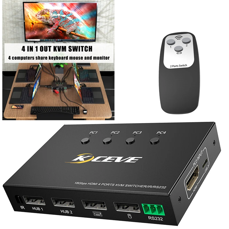 

18Gbps 4-Ports HDMI-compatible KVM Switcher RS232 Internet Splitter Adapter USB Splitter Switcher Game switcher Multi-function