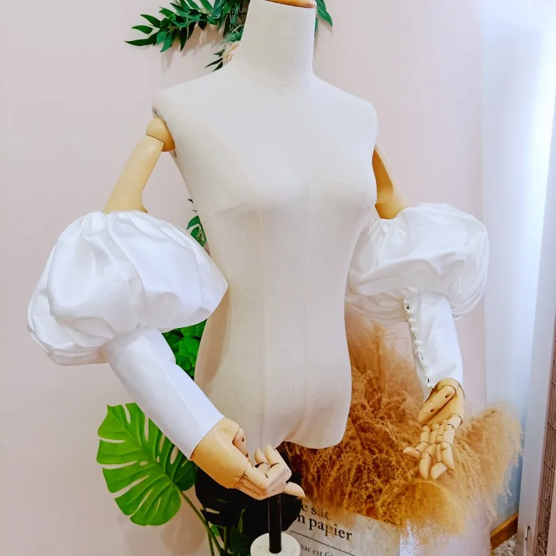 Elegance New Fashion Detachable Satin Puff Sleeves With Pearls Romantic Long Sleeve For Bridal