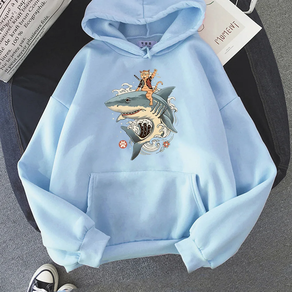 

Samurai Cat Ride Shark Graphic Hoodies Winter Fleece Sweatshirts Anime Clothing Long Sleeve Pullovers Soft Comfortable Sudaderas